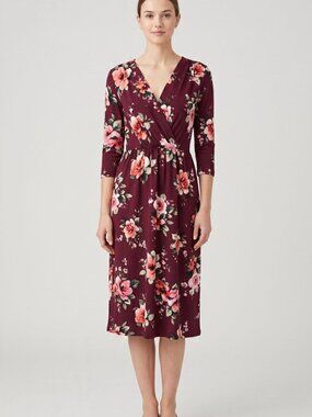 Floral Wrap 3/4 Midi Dress - Burgundy Pink Floral